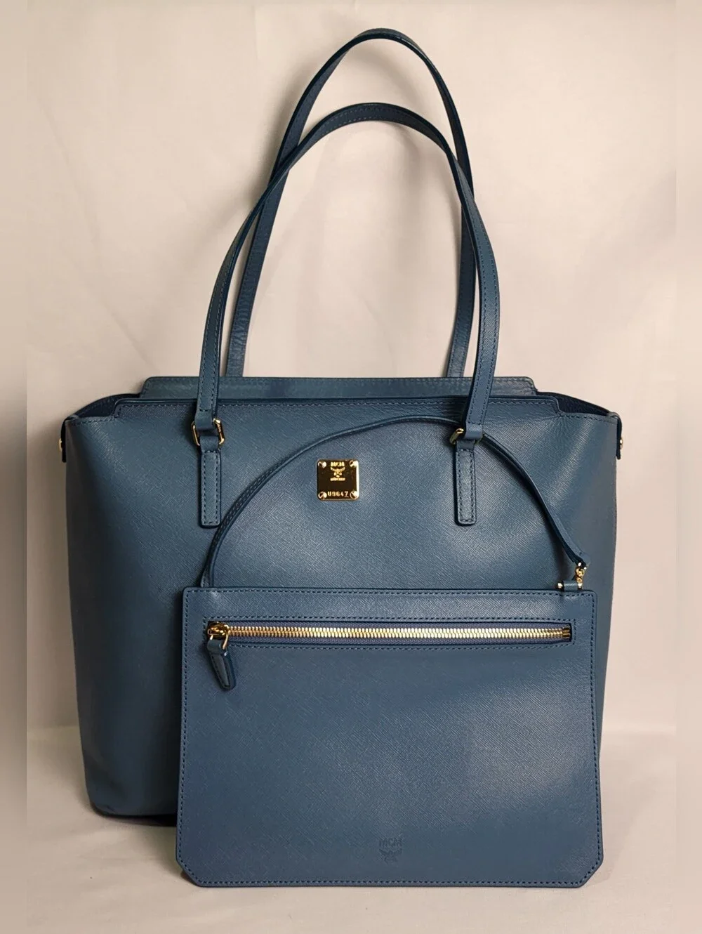 Blue MCM Saffiano Leather Shopper Tote Bag Matching Detachable Pouch Gold - Picture 1 of 16
